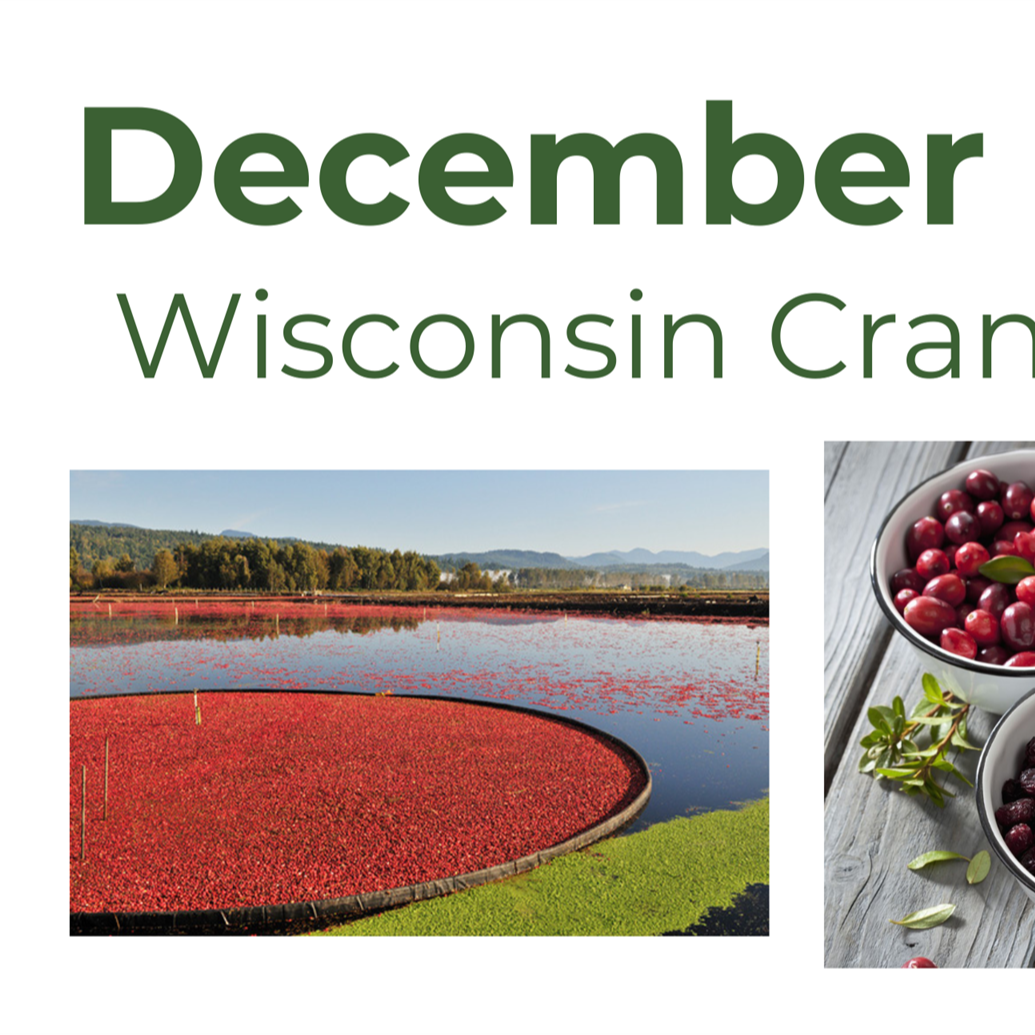 This is an image of a calendar with a photograph of cranberries and a field of red flowers or berries labeled "December Wisconsin Cranberries.