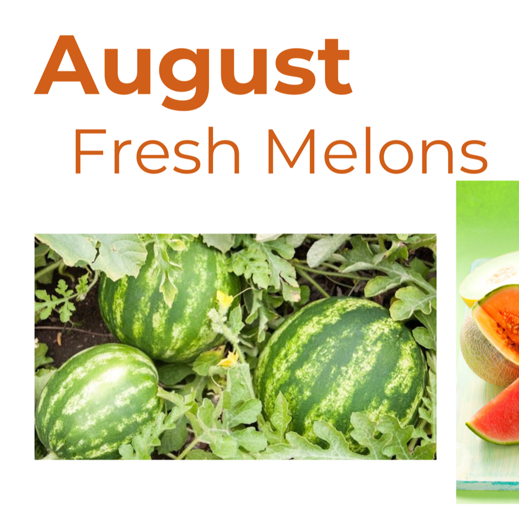 A vibrant still life featuring fresh fruits and melons, with the words 'August' and 'Fresh Melons' prominently displayed.