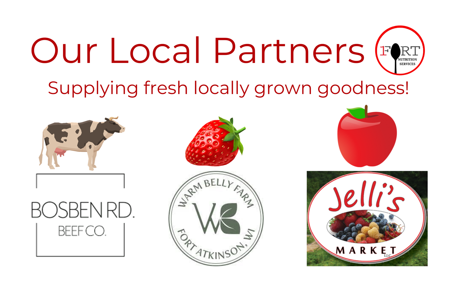 A colorful graphic with four logos, each representing a different local business partnering together to promote fresh produce and their support of the local community.