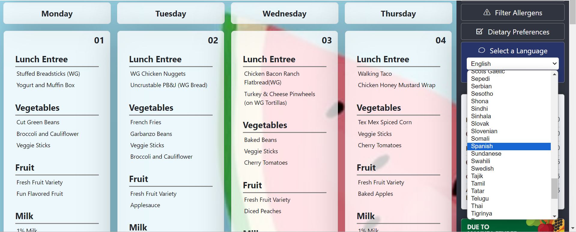 Series of photos showing how to navigate My School Menus to find menu information.