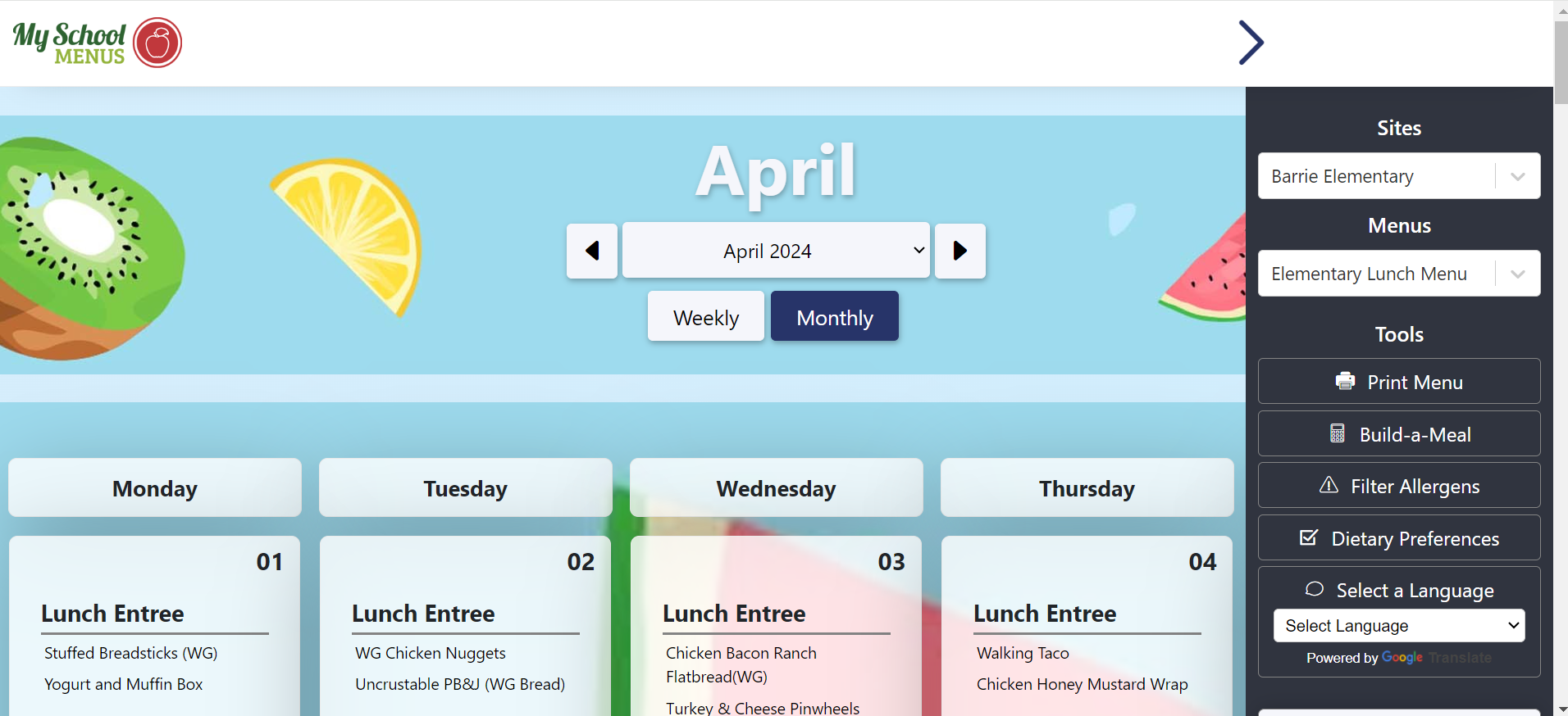 Series of photos showing how to navigate My School Menus to find menu information.