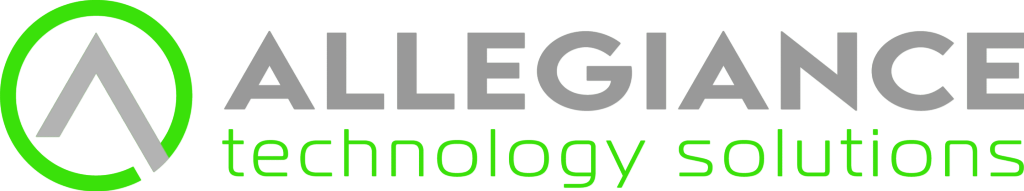 A logo featuring the word 'ALLEGANCE' in bold gray letters, with 'technology solutions' in green below it, accompanied by a stylized letter 'A' in a circular design.