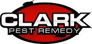 A logo featuring the words 'CLARK PEST REMEDY' in bold white letters on a red oval background, with a small silhouette of a pest on top.