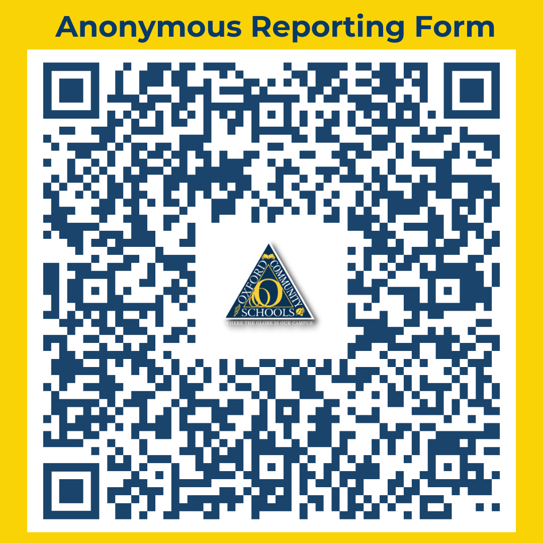 A QR code surrounded by a yellow border, labeled 'Anonymous Reporting Form', with a triangular logo in the center.