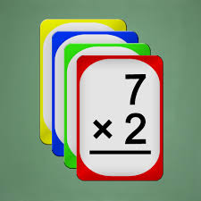 A stack of colorful cards with a math equation '7 x 2' displayed prominently on the front card.