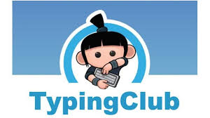 A cartoon character with a ponytail is typing on a keyboard, surrounded by a blue circular background, with the text 'TypingClub' below.