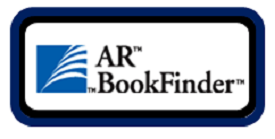 A logo featuring the text 'AR BookFinder' with a stylized blue wave design on the left side, enclosed in a rectangular border.