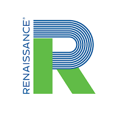 A stylized logo featuring the word 'RENAISSANCE' in blue above a large green letter 'R' composed of blue lines and a solid green section.