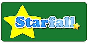 A green rectangular logo featuring a large yellow star on the left and the word 'Starfall' in blue with a small yellow star at the end.