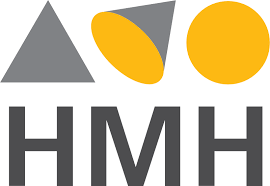 A logo featuring geometric shapes including a triangle, a cone, and two circular forms in yellow and gray, with the letters 'HMH' in bold gray font below.