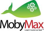 A logo featuring a green whale with gears inside it, accompanied by the text 'MobyMax' in red and the tagline 'Learn twice as fast' in smaller text below.