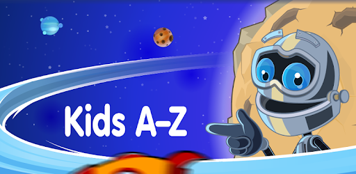 A cartoon robot character points towards the text 'Kids A-Z' against a colorful space background featuring planets and a cookie.