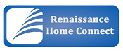 A blue rectangular logo featuring the text 'Renaissance Home Connect' alongside a stylized graphic of flowing lines.