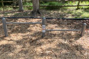 A wooden fence with two horizontal bars supported by vertical posts, surrounded by a ground covered in leaves and twigs, with trees and a fence in the background.