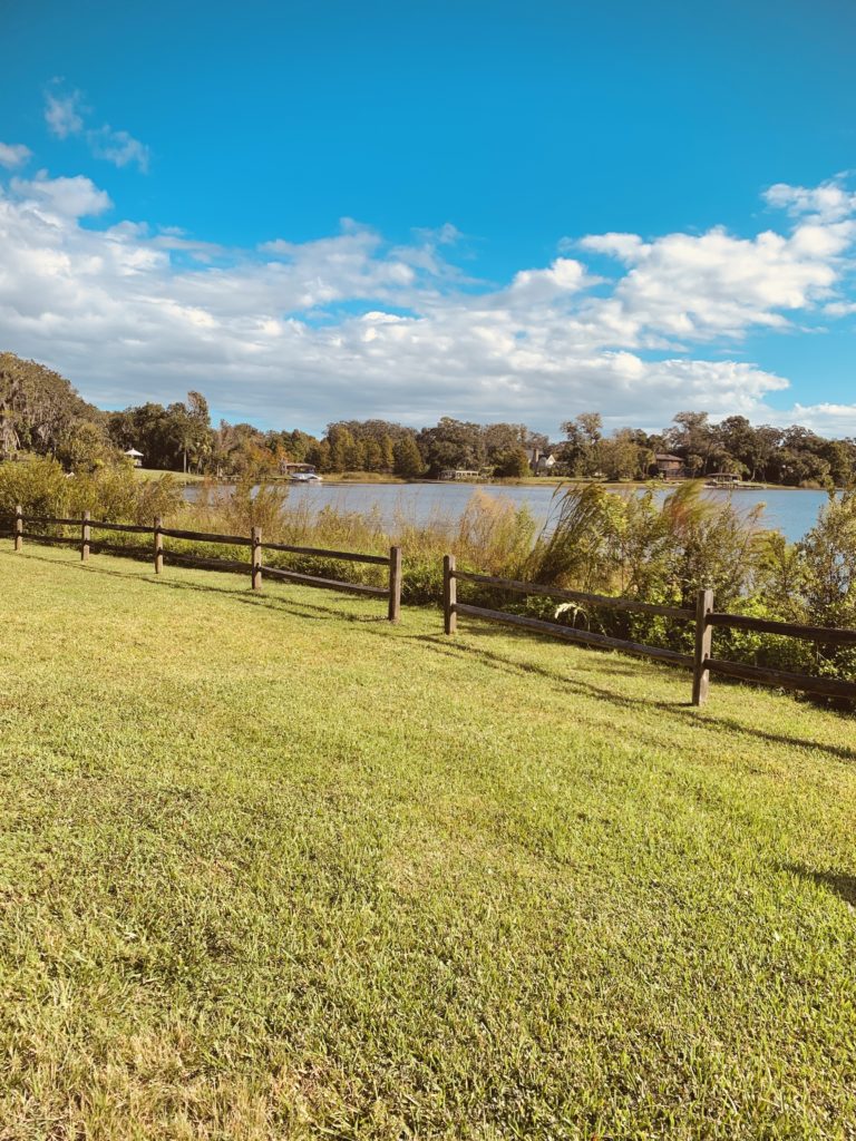 Grass field with lake in the background