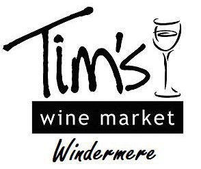 A logo featuring the text 'Tim's wine market' with a stylized wine glass illustration, set against a black background with the word 'Windermere' below.