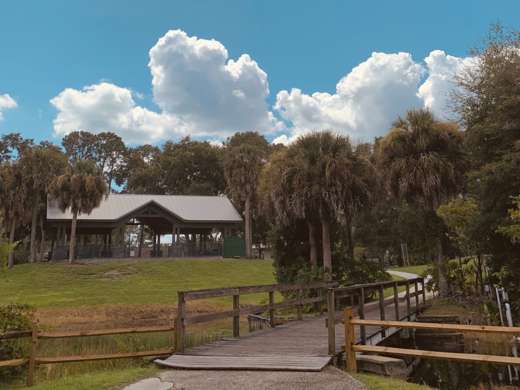 A wooden bridge leads to a pavilion surrounded by palm trees and lush greenery under a blue sky with fluffy clouds.