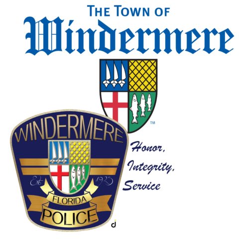 The image features the logo of the Town of Windermere, Florida, including the town's name in stylized text and a police badge with the words 'Honor, Integrity, Service.'
