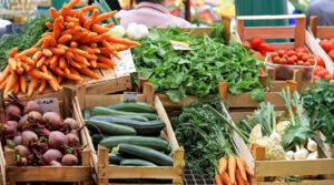 Table with spread of bountiful and colorful produce