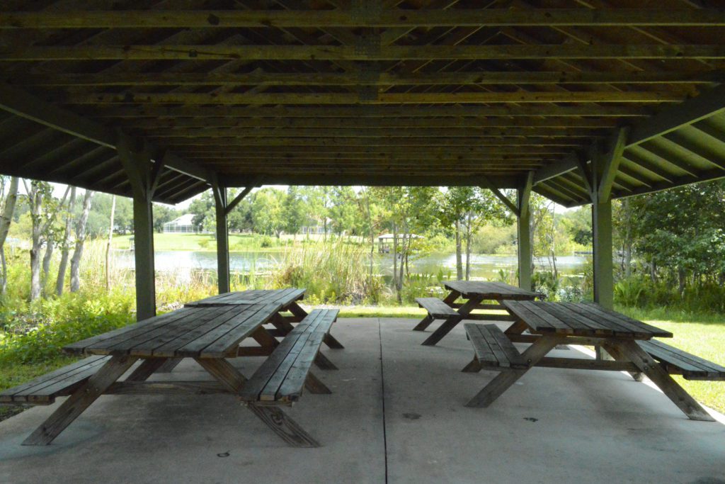 A covered picnic area featuring several wooden tables, surrounded by greenery and a view of a pond in the background.