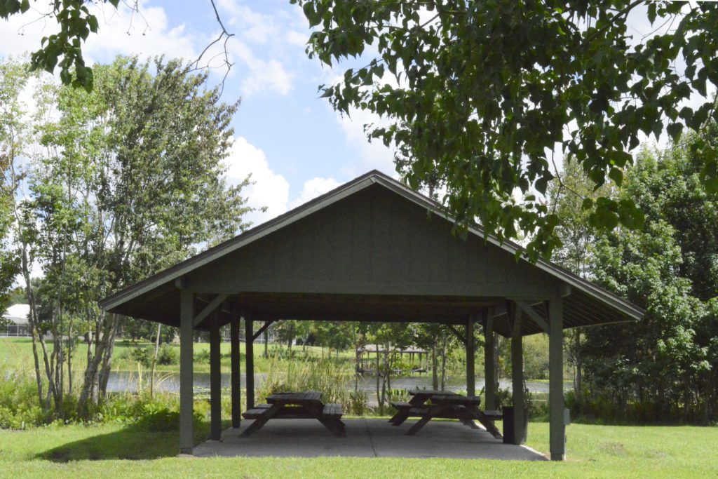 A green picnic shelter with wooden tables underneath, surrounded by grass and trees, with a clear blue sky in the background.