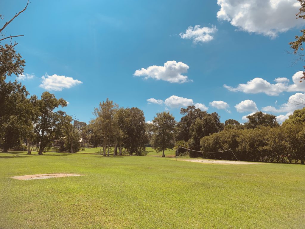 A wide view of a grassy field under a bright blue sky with fluffy white clouds, surrounded by trees.