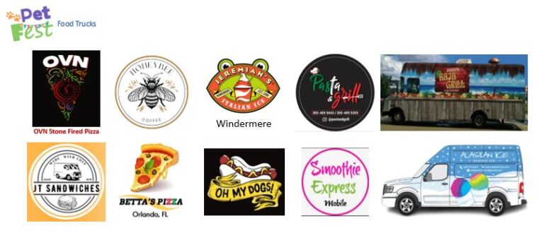 The image displays a collage of various restaurant and food truck logos, showcasing diverse brands and designs with text elements such as names, slogans, and social media handles, all against a light background.