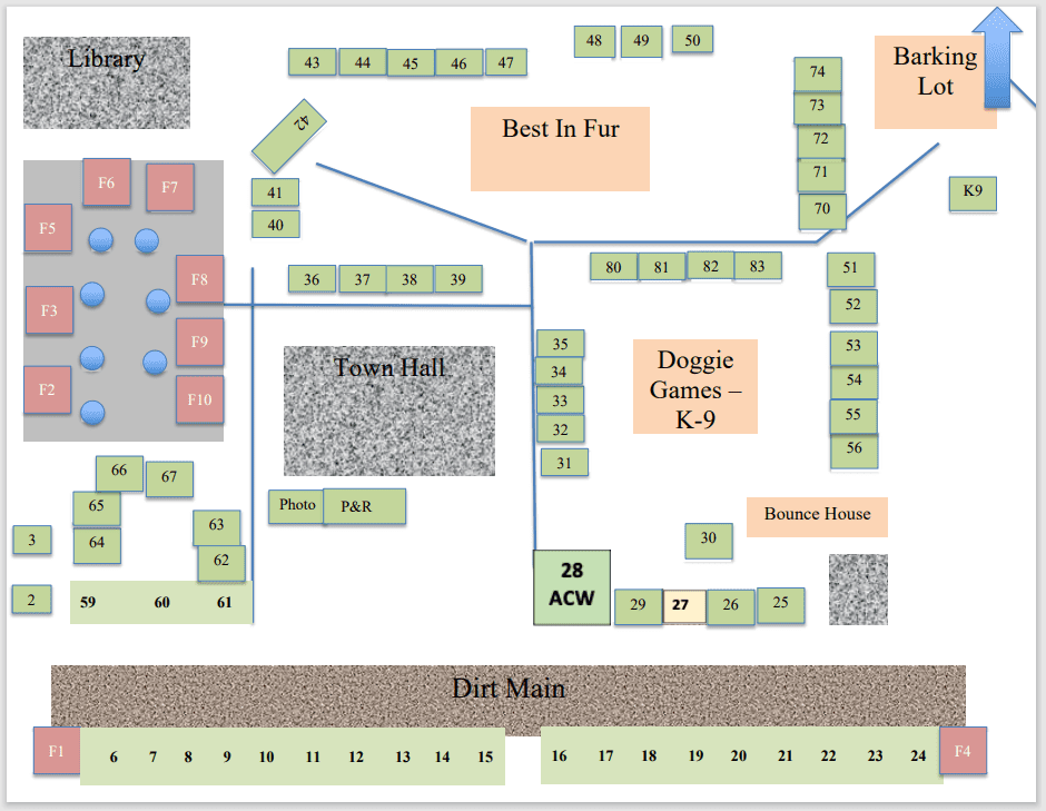A blueprint plan of a layout with numbered rooms and areas, including "Dogge" and "Barn," and various zones like "Town Hall" and "Vet Clinic.