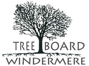 A stylized black tree with intricate branches and roots, accompanied by the text 'TREE BOARD WINDERMERE' below it.