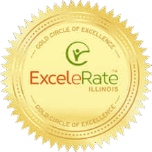 A gold seal featuring the text 'Excelerate Illinois' in orange and green, surrounded by the phrase 'Gold Circle of Excellence' in a circular design.