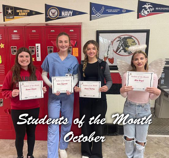 Four students stand in front of red lockers, each holding a certificate, with the text 'Students of the Month October' displayed at the bottom of the image.