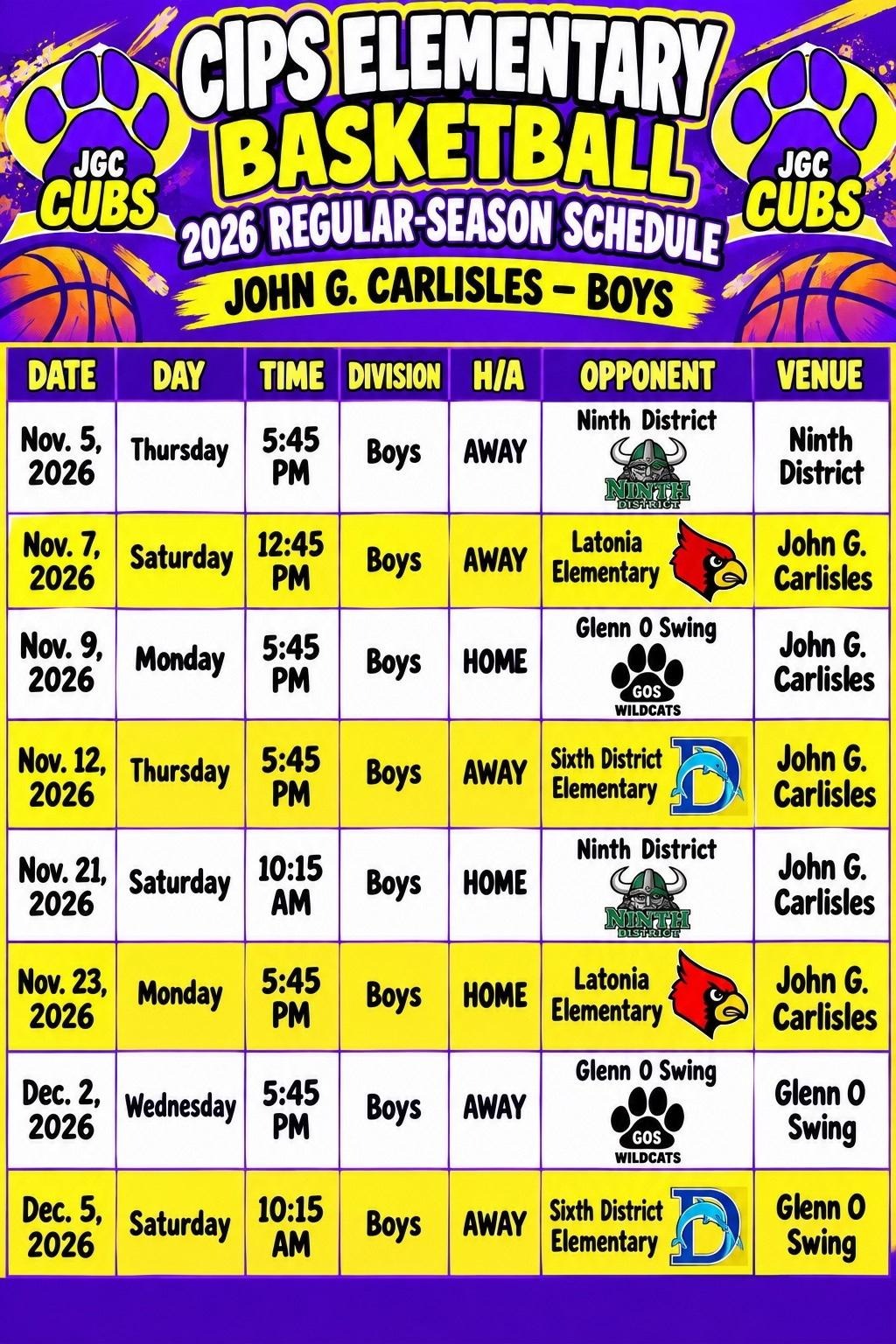 graphic CIPS Elementary Basketball 2026 Regular-Season Schedule John G Carlisle Boys