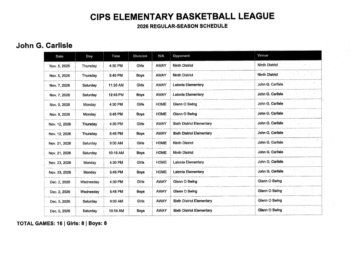 CIPS Elementary Basketball Schedule 2026