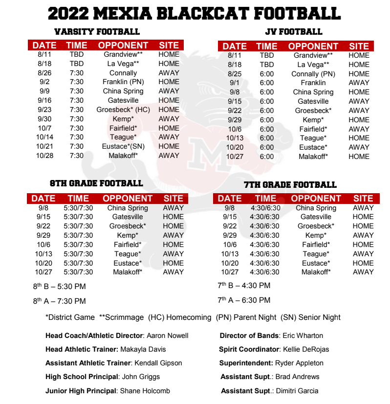 Football Schedule 2022 | Mexia Independent School District