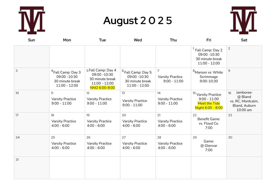 August Practice Schedule
