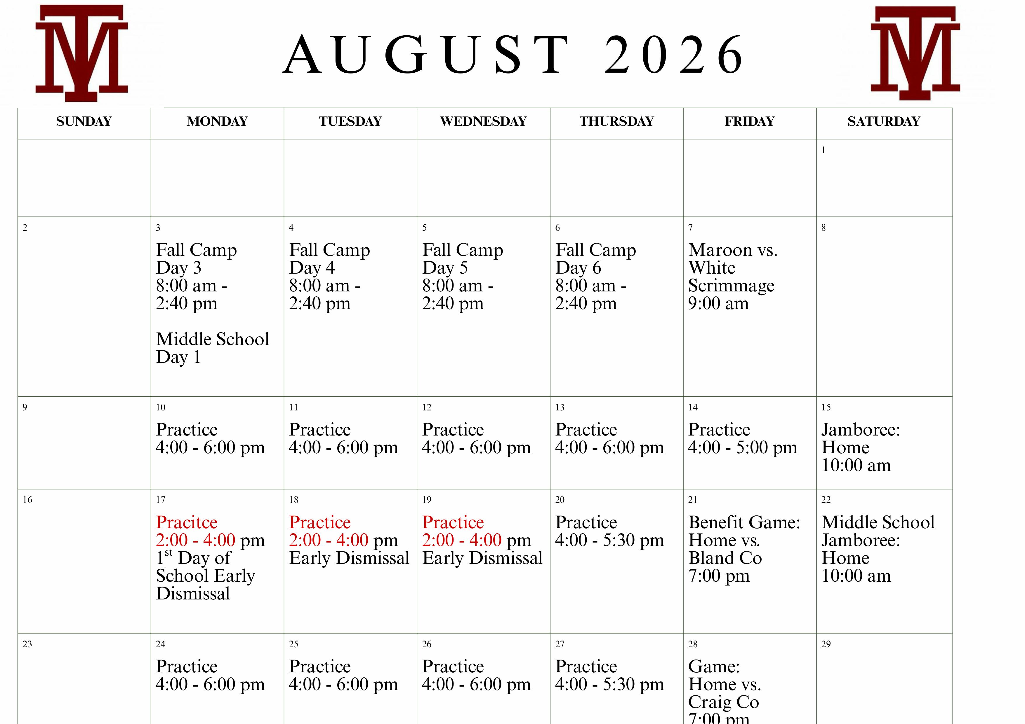 Calendar for August 2026 with red and white text on a black and white background.