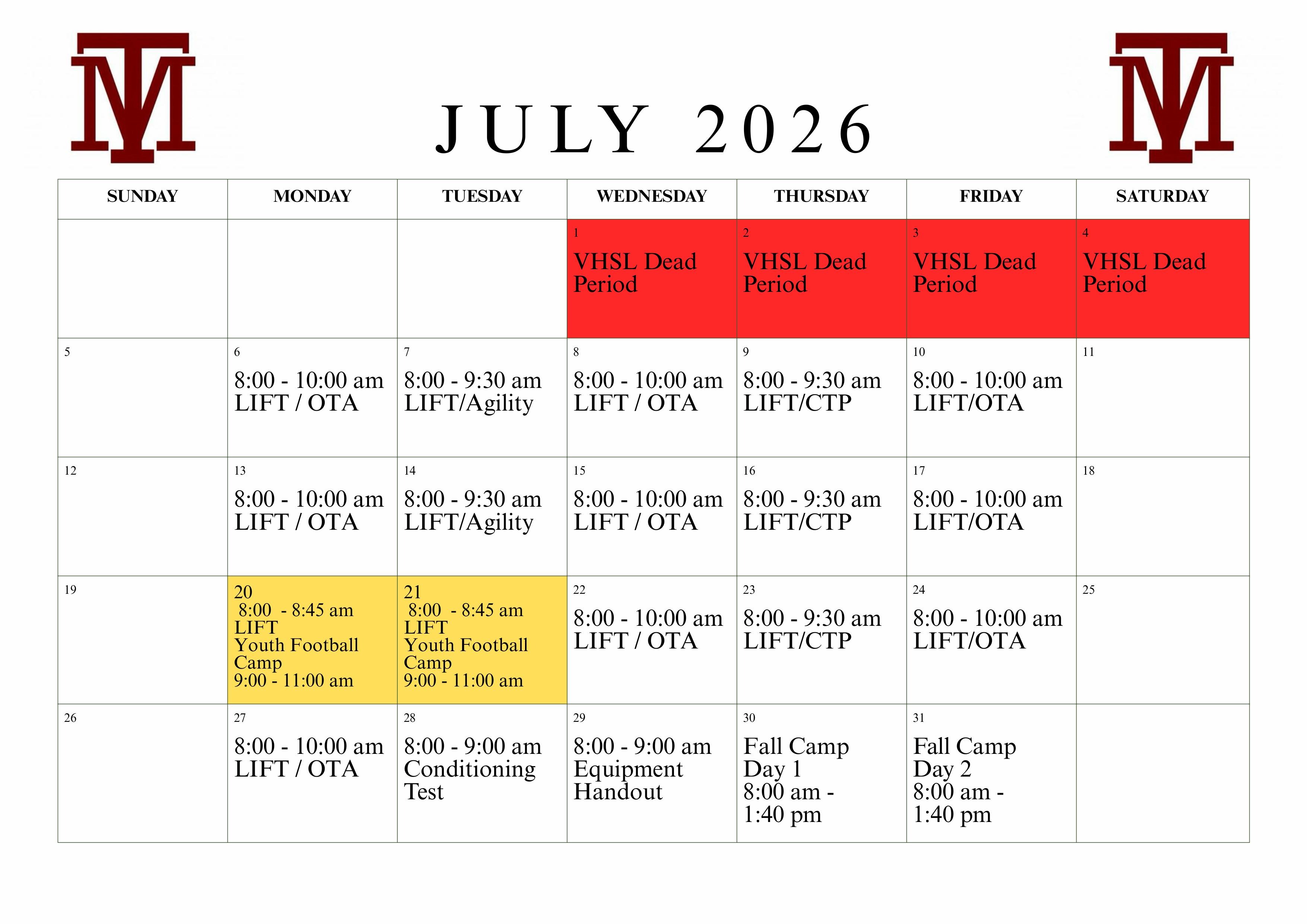 A July 2026 calendar with days of the week in red. "M" is centered at the top and bottom.