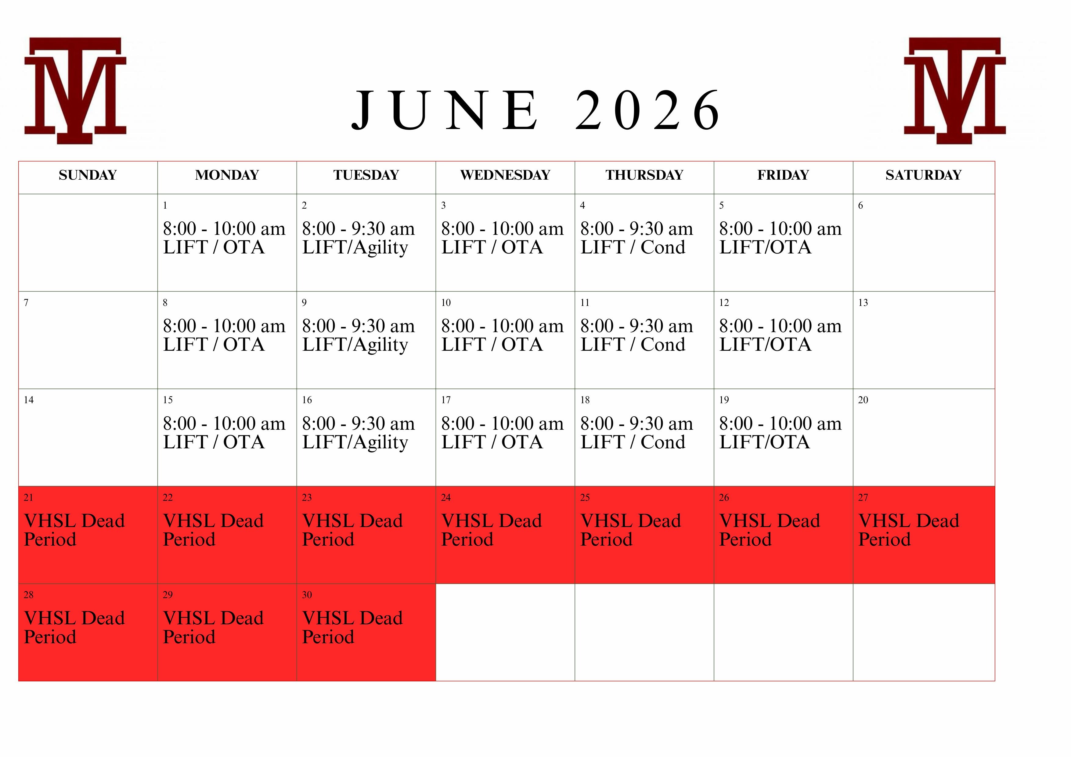 Calendar for June 2026 with days listed from Monday to Sunday. Entries show classes for LIFT/OTA, LIFT/OTA Agility, LIFT/OTA Cool, and others.
