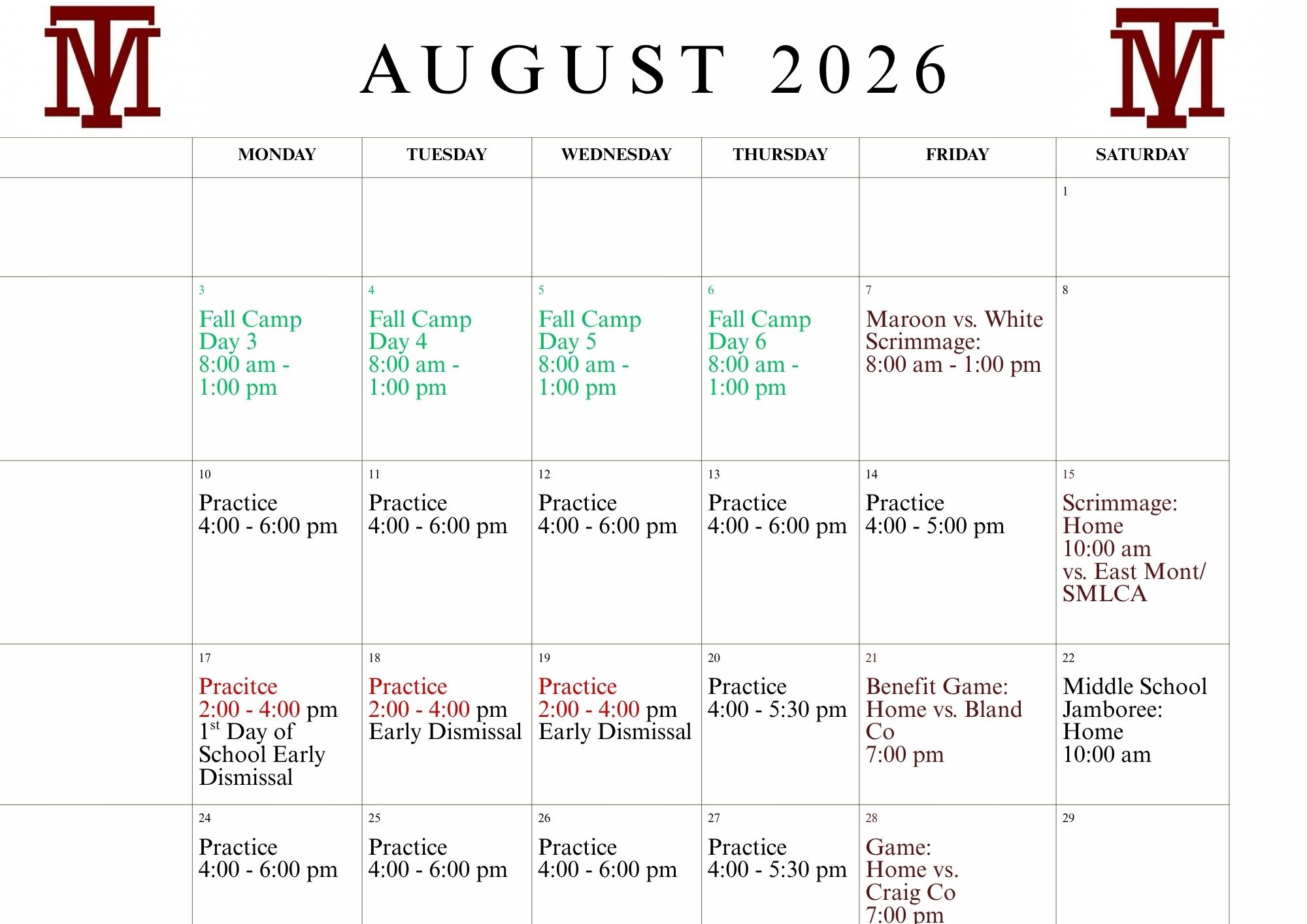 August 2026 calendar displayed with red M on each corner and center. Schedules for fall camps and practices.