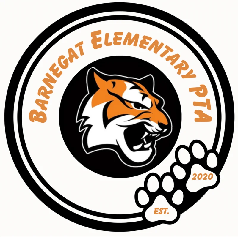 Logo of Barnegat Elementary PTA featuring a fierce tiger head, black and orange colors, established in 2020.