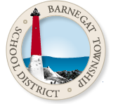 Logo of Barnegat Township School District featuring a red lighthouse, blue ocean, and surrounding text in a circular design.