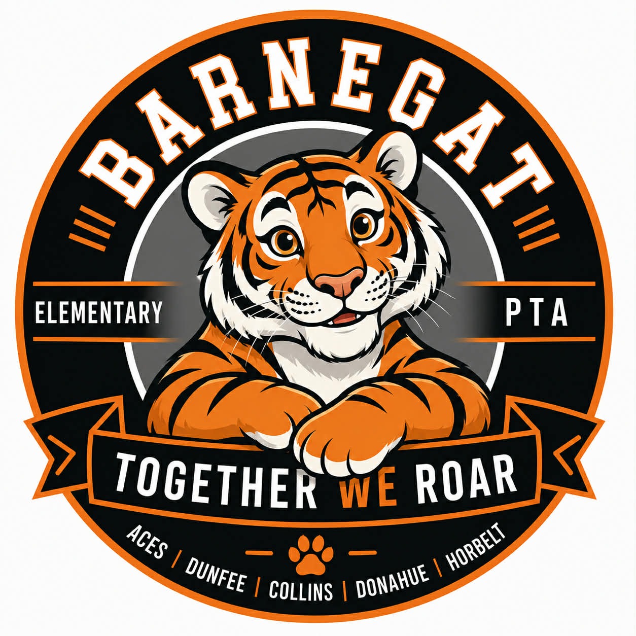Logo of Barnegat Elementary PTA featuring a tiger head, black and orange colors, established in 2020.