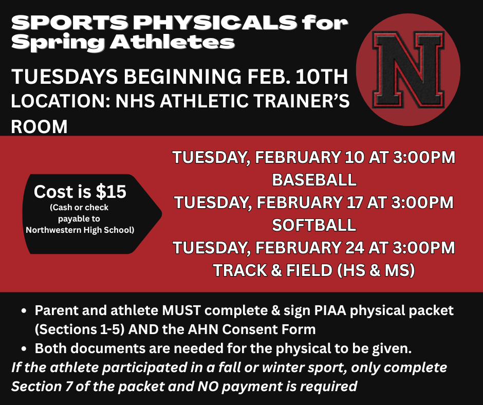 Spring Spring Sports Physicals Tuesdays beginning February 10