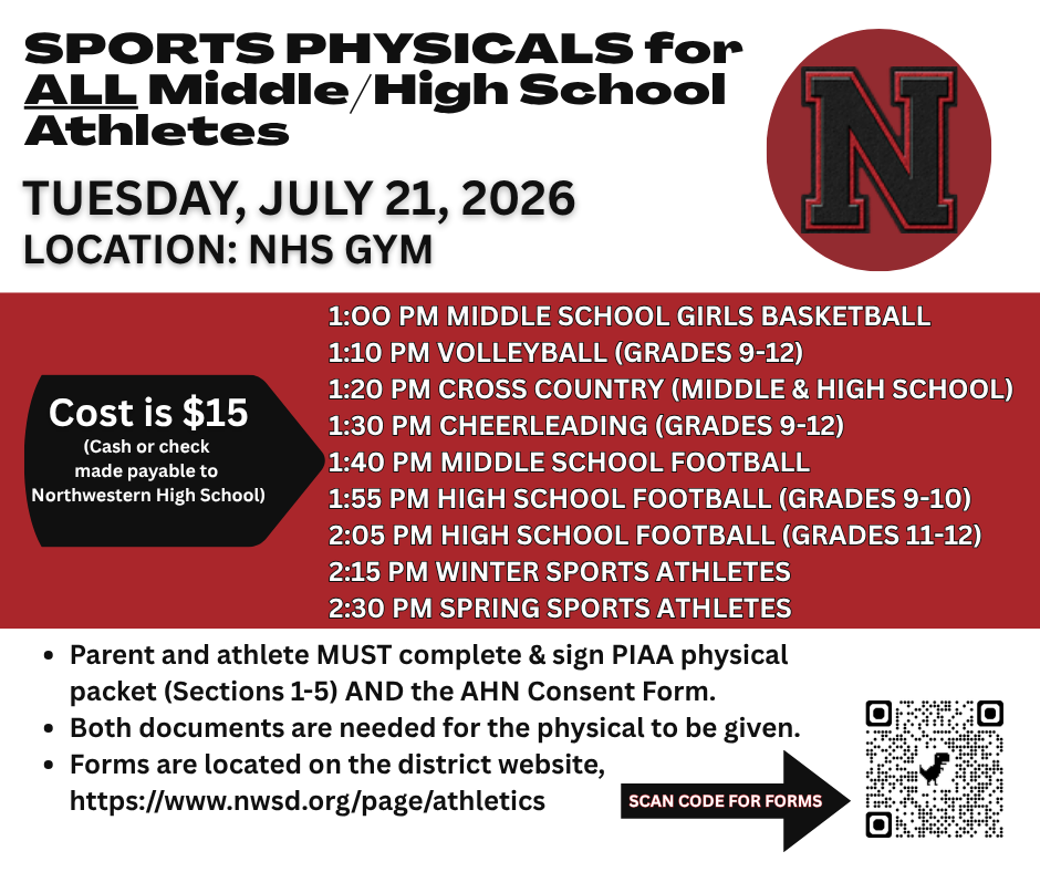 Sports Physicals Tuesday July 21, 2026