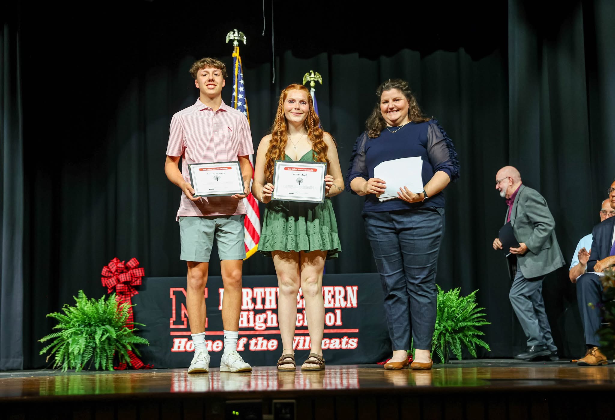 2026 John Gillette Memorial Scholarship Recipients Brodie Mikovch and Natalie Nath with Kristin Brockett