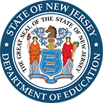 Official seal of the New Jersey Department of Education. The circular emblem features the Great Seal of the State of New Jersey in the center, with a blue shield supported by two female figures representing Liberty and Ceres. Above the shield is a horse’s head crest. Surrounding the seal are the words 'STATE OF NEW JERSEY' at the top and 'DEPARTMENT OF EDUCATION' at the bottom, all set against a dark blue background.
