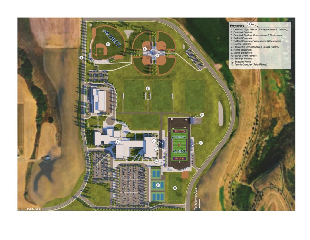 An aerial view map of a sports complex featuring multiple fields, including baseball and soccer, along with surrounding facilities and parking areas.