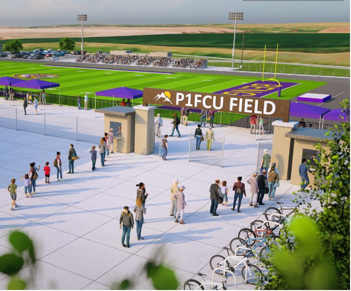 An artist's rendering of the entrance to P1FCU Field, featuring a crowd of people entering through gates, with a sports field and bleachers visible in the background.