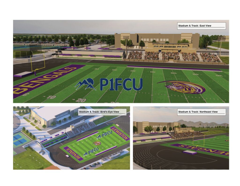 A collage of architectural renderings showcasing a sports complex, featuring a football field, track, and surrounding facilities, with the logo of PIFCU prominently displayed.