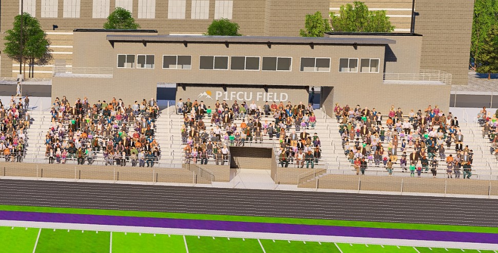 A digital rendering of a sports stadium with a large crowd of spectators seated in the stands, featuring a press box at the top and a green field in front.